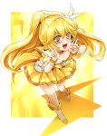  blonde_hair boots choker cure_peace double_v dress flat_chest hair_ornament hairpin kise_yayoi long_hair magical_girl precure rim_(kingyoorigin) skirt smile smile_precure! v yellow yellow_background yellow_dress yellow_eyes 