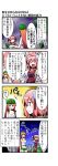  4koma alternate_costume bandage bandages blue_eyes blush_stickers bow braid breasts cleavage closed_eyes comic crossed_arms cuffs double_bun expressive_clothes eyes_closed flower grave hair_bow hands_on_hips hat hong_meiling ibara_kasen ibaraki_kasen kiku_hitomoji multiple_girls off_shoulder orange_hair partially_translated pink_eyes pink_hair saliva star touhou translation_request twin_braids 