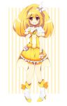  bike_shorts blonde_hair blush boots cure_peace dress high_heels kise_yayoi long_hair magical_girl precure shoes shorts_under_skirt shy skirt smile_precure! solo soranagi striped striped_background tears v vertical_stripes wavy_mouth yellow yellow_background yellow_dress 