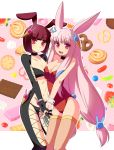  ai_scream animal_ears bob_cut breast_press breasts bunny_ears character_request choker claws fishnets food hair_ornament hand_holding hazuki_(etcxetc) holding_hands ice_cream ice_cream_cone kaiten_muten-maru long_hair multiple_girls navel pink_eyes pink_hair short_hair thigh-highs thighhighs yuu_scream 