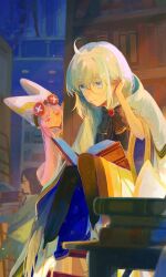  1boy 2girls aesc_(fate) aesc_(rain_witch)_(fate) black_hair blue_eyes book book_stack cloak fate/grand_order fate_(series) glasses habetrot_(fate) hat highres indoors library long_hair multiple_girls natori_re pink_eyes reading round_eyewear waver_velvet white_hair 