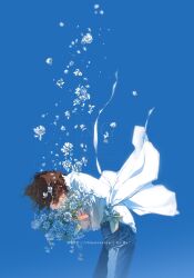  1boy blue_sky brown_hair closed_eyes day denim flower highres jacket jeans leaning_forward male_focus original outdoors pants rido_(ridograph) short_hair sky solo watermark white_flower white_jacket 