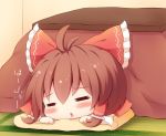  =_= ahoge beni_shake blush bow brown_hair chibi closed_eyes eyes_closed hair_bow hair_tubes hakurei_reimu kotatsu lying on_stomach open_mouth short_hair sleeping solo table touhou 