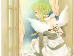  angel_wings aqua_eyes bare_back bare_shoulders black_gloves choker curtains dress elbow_gloves from_behind gloves green_hair gumi highres nemutagari open-back_dress profile short_hair sitting smile solo star_(sky) vocaloid white_dress white_wings window windowsill wings 