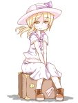  blonde_hair blush hat ibuki_(clover_club) luize midriff ponytail short_hair simple_background sitting skirt smile solo suitcase touhou touhou_(pc-98) v_arms white_background yellow_eyes 