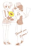  1boy 1girl adjusting_hat blush bouquet child eizyu_tokiwa fingerless_gloves flower gloves hat jacket kasumi_(pokemon) monochrome open_mouth pikachu pokemon pokemon_(anime) pokemon_(creature) ribbon satoshi_(pokemon) shoes short_hair shorts side_ponytail smile sneakers sunflower suspenders 