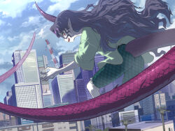  1girl building city clouds cloudy_sky crane_(machine) day frills giant giantess green_shirt green_shorts horns long_hair looking_back open_mouth pointy_ears purple_hair purple_horns purple_tail red_eyes scales shirt short_sleeves shorts single_horn size_difference sky skyscraper solo syope tail tenkajin_chiyari touhou utility_pole very_long_tail 