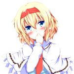  alice_margatroid blonde_hair blue_eyes blush capelet chatamaru_(irori_sabou) covering covering_face covering_mouth dress hairband hand_on_own_face short_hair simple_background solo tears touhou tyata-maru white_background 