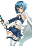  armband blue_eyes blue_hair cape gloves highres magical_girl mahou_shoujo_madoka_magica midriff miki_sayaka paintedmike short_hair smile solo soul_gem sword thigh-highs thighhighs weapon white_background zettai_ryouiki 