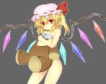 blonde_hair crossed_arms decapitated doll_hug flandre_scarlet grey_background hat hat_ribbon nude pointy_ears red_eyes ribbon side_ponytail simple_background solo stuffed_animal stuffed_toy taka1234 taka_(taka1234) teddy_bear the_embodiment_of_scarlet_devil touhou wings 
