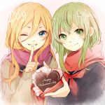  blonde_hair blue_eyes character_name chocolate chocolate_heart finger_to_mouth green_eyes green_hair grin gumi happy_valentine heart lily_(vocaloid) long_hair looking_at_viewer multiple_girls scarf school_uniform serafuku short_hair smile tama_(songe) text valentine vocaloid wink 