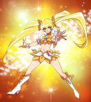  blonde_hair boots cure_sunshine hair_ribbon heart heartcatch_precure! long_hair magical_girl midriff myoudouin_itsuki namiki_(artist) navel precure ribbon skirt smile solo twintails yellow_eyes 
