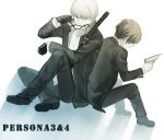  arisato_minato back-to-back black_gloves evoker glasses gloves gun hair_over_eyes handgun jacket katana male multiple_boys narukami_yuu persona persona_3 persona_4 robinexile school_uniform sepia short_hair sitting sword text title_drop weapon 