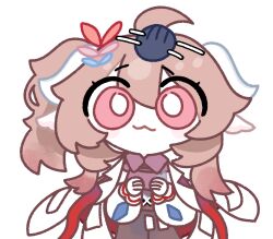  1girl :3 absurdres amedrama arknights asymmetrical_hair brown_hair chibi chibi_only commentary_request eyjafjalla_(arknights) eyjafjalla_the_hvit_aska_(arknights) highres korean_commentary long_hair looking_at_viewer official_alternate_costume pink_eyes simple_background solo white_background 