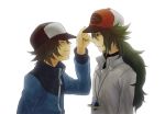  asa_(oaasvxr) bad_id baseball_cap black_(pokemon) bracelet brown_hair closed_eyes eyes_closed green_eyes green_hair hat jacket jewelry long_hair multiple_boys n_(pokemon) necklace pokemon pokemon_(game) pokemon_black_and_white pokemon_bw short_hair smile touya_(pokemon) 