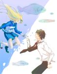  1girl arakawa_under_the_bridge blonde_hair brown_hair bubble closed_eyes couple eyes_closed fish holding_hand ichinomiya_kou kurosawa_tomo long_hair necktie nino_(arakawa) shirt shorts smile track_jacker track_jacket 