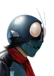  1boy antennae armor armored_bodysuit black_bodysuit bodysuit bug commentary compound_eyes gattyo glowing glowing_eyes grasshopper green_armor green_helmet helmet highres kamen_rider kamen_rider_1_(shin) leather_suit looking_to_the_side male_focus portrait red_eyes red_scarf scarf shin_kamen_rider short_hair simple_background solo tokusatsu white_background zipper 