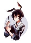  1boy animal_ears black_hair brown_eyes bunny_ears coat jude_mathis male pen shigetake_(buroira) solo tales_of_(series) tales_of_xillia white_background 