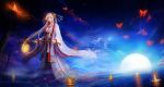  butterfly candle chinese_clothes cloud elf fire hanfu lantern long_hair moon original pcw pointy_ears ripples sky solo star_(sky) starry_sky tree water white_hair 