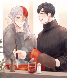  2boys absurdres black_hair black_sweater boku_no_hero_academia food grey_sweater heterochromia highres iida_tenya konsobastew ladle long_sleeves male_focus multicolored_hair multiple_boys open_mouth oven_mitts pepper_shaker redhead ribbed_sweater salt salt_shaker scar scar_on_face short_hair soup split-color_hair stirring sweater todoroki_shoto tomato towel towel_around_neck twitter_username white_hair 