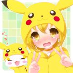  :3 blush candy_(smile_precure!) cosplay double_v hoodie kise_yayoi ootani_ikue pikachu pikachu_(cosplay) pokemon power_connection precure seiyuu_connection smile_precure! solo tears tottsuan v 