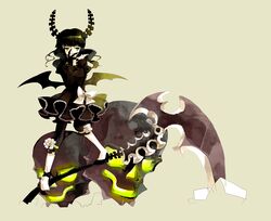  ankle_ribbon bat_wings black_dress black_hair black_rock_shooter bow choker dead_master dress flower frills green_eyes hand_on_own_face high_heels highres horns leg_band leggings long_hair platina77 puffy_sleeves scythe shoes short_dress simple_background skull solo standing wings 