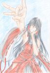  anger_vein armpits bare_shoulders black_hair closed_eyes colored_pencil_(medium) dekopin detached_sleeves flick hair_tubes hakama halterneck hand_on_own_cheek incoming_attack japanese_clothes long_hair m.u.g.e.n miko nontraditional_miko one-piece_thong original pencil_crayon_(medium) sendai_hakurei_no_miko solo touhou traditional_media wide_sleeves you_(esparda) 