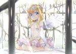  ahoge barefoot blonde_hair blue_eyes blush breasts cage elbow_gloves feathers frilled_skirt gloves ichi_makoto navel original pointy_ears see-through sitting skirt solo wariza wings 