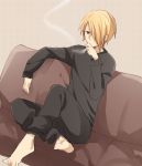  bad_id barefoot blonde_hair cigarette couch hair_over_one_eye male satou_jun short_hair smoking solo sweater tooru_(jux) working!! yellow_eyes 