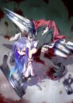  animal_ears bare_shoulders bent_over black_legwear blood blue_hair bullet bunny_ears bunny_tail cigarette detached_sleeves gun huge_weapon ichiyan long_hair red_eyes reisen_udongein_inaba rifle solo tail thigh-highs thighhighs torn_clothes touhou weapon 