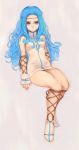  3838383 arm_ribbon bare_shoulders blue_eyes blue_hair character_request circlet copyright_request curly_hair dress fingerless_gloves forehead gloves leg_ribbon legs long_hair looking_at_viewer ribbon short_dress sitting sleeveless sleeveless_dress solo turtleneck white_dress 