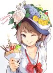  amado_(shin) brown_eyes brown_hair candle crepe flame flower food fruit melon original pocky ribbon short_hair smile solo strawberry wink 