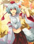  1girl animal_ears bad_id bare_shoulders between_fingers bow detached_sleeves hat inubashiri_momiji leaf maple_leaf midriff navel open_mouth red_eyes short_hair silver_hair skirt smile solo tail tokin_hat touhou white_hair wide_sleeves wolf_ears wolf_tail 