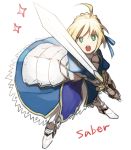 :o ahoge armor armored_dress blonde_hair character_name dress excalibur fate/stay_night fate_(series) faulds gauntlets green_eyes hair_ribbon mu_tation open_mouth ribbon saber solo sparkle sword weapon 