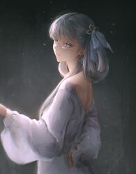  1girl absurdres bow bright_pupils earrings from_side hair_bow hair_rings highres jewelry jinhsi_(wuthering_waves) looking_at_viewer mole mole_on_cheek night nightgown solo upper_body white_bow white_eyelashes white_eyes white_hair white_nightgown white_pupils wuthering_waves yennyu 