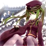  1925_(vocaloid) black_eyes gloves green_hair grey_legwear hat hatsune_miku long_hair looking_at_viewer medal midriff military military_uniform peaked_cap pleated_skirt senbon-zakura_(vocaloid) sitting skirt solo sora_to_umi thigh-highs thighhighs thighs twintails uniform vocaloid wide_sleeves 