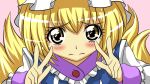 arms_up blonde_hair blush bust cure_peace_pose double_v face fox_tail hat multiple_tails parody precure short_hair smile_precure! solo tabard tail tears touhou v victory_pose white_legwear yakumo_ran yellow_eyes yutanpo-2 