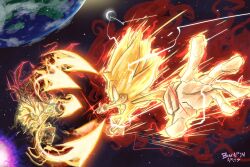  2boys animal_ears animal_nose aura battle blue_eyes body_fur bracelet bwapinarts chest_fur doom_spear doom_wings earth_(planet) electricity furry furry_male gloves glowing gold_anklet gold_bracelet grin hedgehog hedgehog_boy highres jewelry moon multiple_boys planet red_aura red_eyes red_footwear red_fur shadow_the_hedgehog shoes short_tail smile soap_shoes sonic_(series) sonic_frontiers sonic_frontiers_the_final_horizon sonic_generations sonic_the_hedgehog sonic_x_shadow_generations space spiked_wings super_shadow super_sonic super_sonic_2 tail two-tone_fur white_gloves yellow_fur 