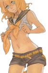  3838383 bare_shoulders belt blonde_hair blue_eyes collarbone kagamine_rin looking_at_viewer midriff navel sailor_collar shirt_lift short_hair short_shorts shorts simple_background sleeveless solo vocaloid white_background 