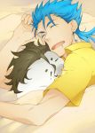  :3 ahoge animal animalization bad_id black_hair blanket blue_hair casual colored_eyelashes drooling earrings fate/stay_night fate/zero fate_(series) jewelry lancer lancer_(fate/zero) long_hair male mamegoma mole ponytail s_gentian seal sleeping t-shirt 