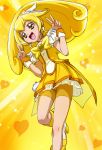  1girl bike_shorts blonde_hair cure_peace double_v dress haruyama heart heart_background kise_yayoi magical_girl open_mouth ponytail precure shorts_under_skirt skirt smile smile_precure! solo v yellow yellow_background yellow_bike_shorts yellow_dress yellow_eyes 