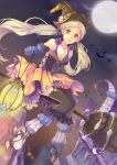  9room bad_id bare_shoulders bat boots braid breasts broom dress elbow_gloves full_moon garter_straps gloves halloween hat lantern long_hair moon original pink_eyes silver_hair solo twintails white_hair witch_hat 