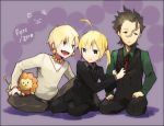  2boys ahoge black_hair blonde_hair blue_eyes casual chibi fate/zero fate_(series) formal gilgamesh indian_style jewelry lancer_(fate/zero) lion mu_tation multiple_boys necklace necktie no_nose pant_suit ponytail red_eyes saber seiza sitting stuffed_animal stuffed_lion stuffed_toy suit sweatdrop vest waistcoat 