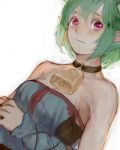  3838383 bare_shoulders bell bell_collar character_request collar cow_bell danette detached_sleeves dutch_angle green_hair jewelry looking_at_viewer pointy_ears purple_eyes short_hair simple_background single_earring solo soul_cradle strapless violet_eyes white_background 