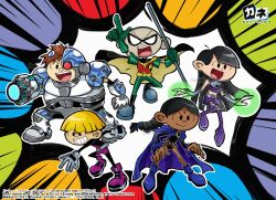  2girls 3boys arm_cannon bald beast_boy_(dc) beast_boy_(dc)_(cosplay) belt black_hair blonde_hair boots braid braided_ponytail brown_hair cape codename:_kids_next_door cosplay cyborg cyborg_(dc) cyborg_(dc)_(cosplay) danishi dark-skinned_female dark_skin dc_comics domino_mask energy english_commentary forehead_jewel gloves glowing highres holding holding_staff leotard long_hair mask multiple_boys multiple_girls numbuh_1 numbuh_2 numbuh_3 numbuh_4 numbuh_5 open_mouth pointing raven_(dc) raven_(dc)_(cosplay) robin_(dc) robin_(dc)_(cosplay) short_hair single_mechanical_eye sleeved_leotard smile staff starfire starfire_(cosplay) superhero_costume teen_titans teeth utility_belt weapon 