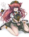  animal_ears ankle_cuffs bandaid blue_eyes bound_wrists bow braid breasts cat_ears cat_tail hair_bow hat hong_meiling kemonomimi_mode long_hair open_mouth panzer red_hair redhead sitting solo star tail touhou twin_braids wariza 