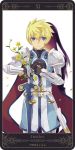  back-to-back black_hair blonde_hair blue_eyes cape expressionless flower flynn_scifo gloves justice_(tarot_card) long_hair male motoko_(ambiy) multiple_boys rounded_corners scales sword tales_of_(series) tales_of_vesperia tarot weapon white_background yuri_lowell 