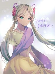  1girl bindi blonde_hair breasts earrings green_eyes heaven_burns_red highres indian jewelry long_hair navel rin_0101010 small_breasts solo triangle_earrings twintails vritika_balakrishnan 