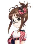  aidama_(td1143) akizuki_ritsuko bow brown_eyes brown_hair bust glasses hair_bow hair_ornament hair_up idolmaster looking_at_viewer looking_back simple_background solo updo white_background 