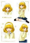  :d bad_id blonde_hair blush cardigan closed_eyes hairband hands_together kise_yayoi open_mouth precure school_uniform short_hair sitting skirt smile smile_precure! solo tears trembling wariza wavy_mouth yakka yellow_eyes 